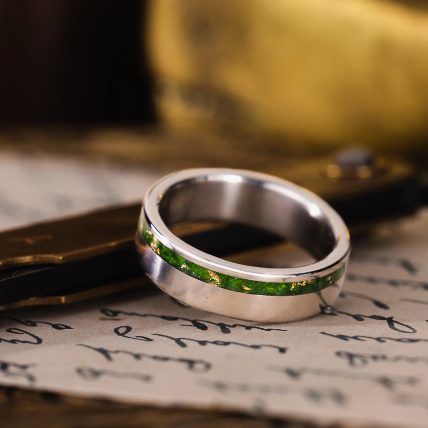 (In-Stock) The Fairbanks | Men's Titanium Wedding Band with Green Imperial Diopside & Gold Flakes Offset Inlay - Size 8.5 | 6mm Wide - Image 3