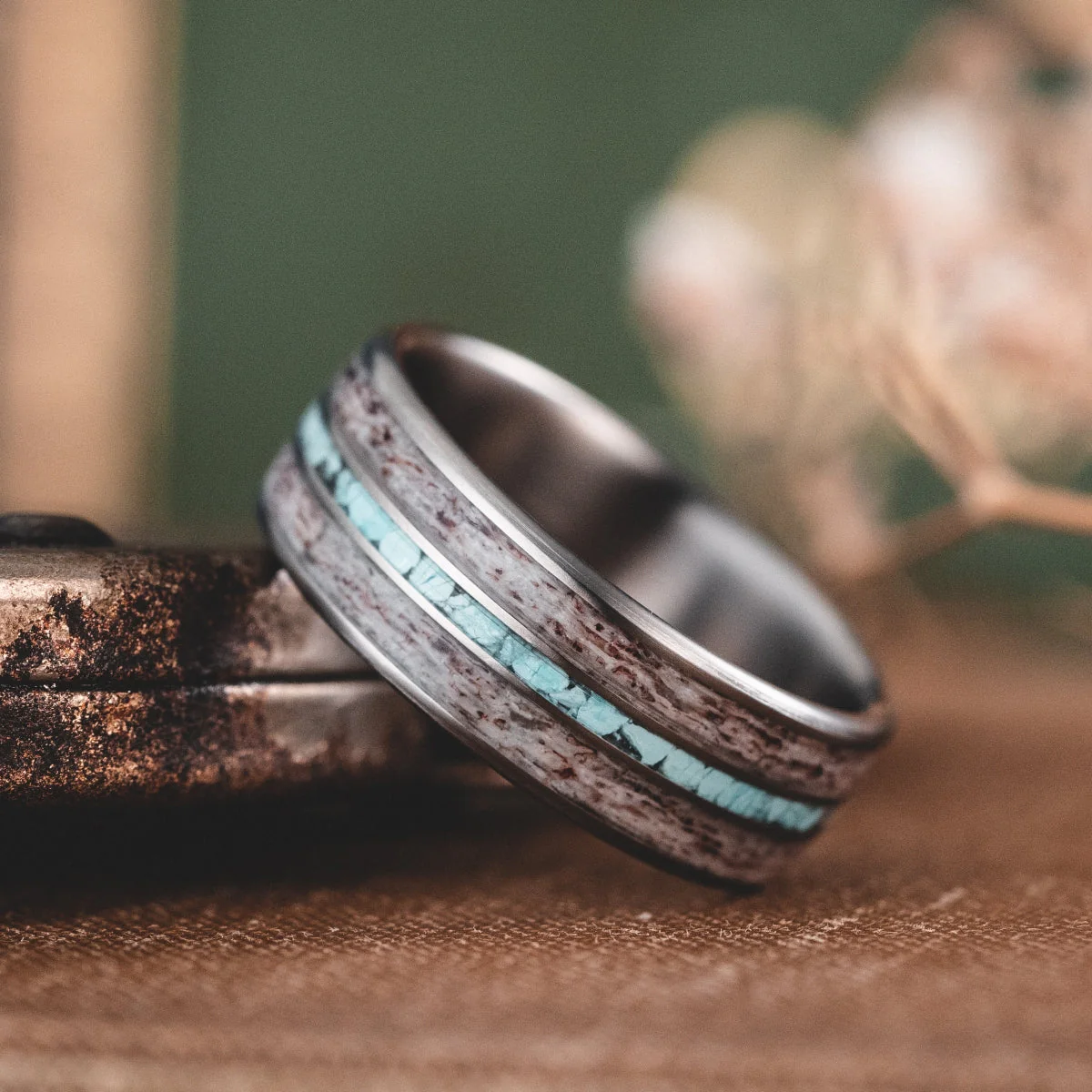 (In-Stock) The Huntsman | Men's Titanium Wedding Band with Elk Antler & Turquoise - Size 11 | 8mm Wide - Image 3