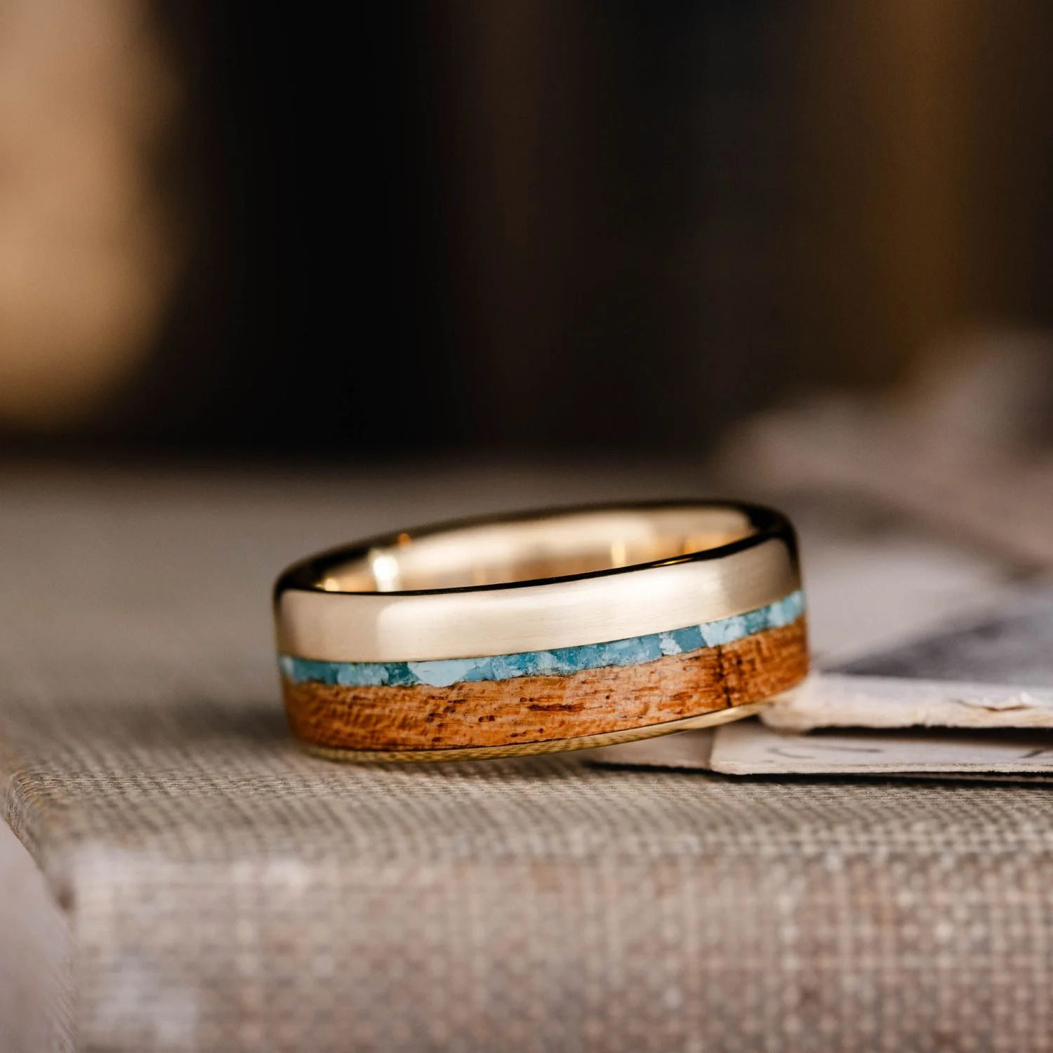The Reeves | Men's Gold Wedding Band with Turquoise & Mesquite Wood - Image 3