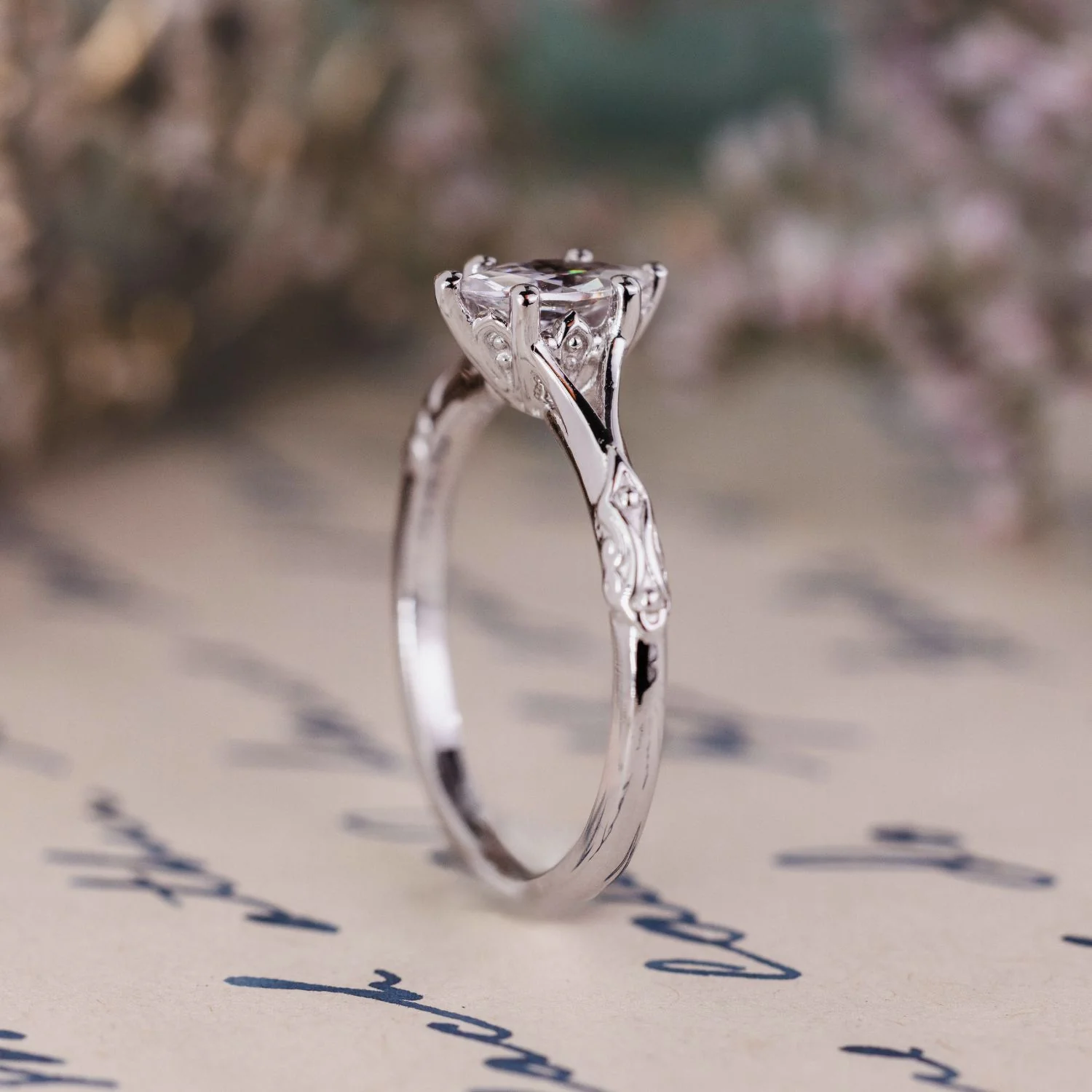 The Amdir - Marquise Diamond Engagement Ring with Delicate Filigree Accents - Image 6