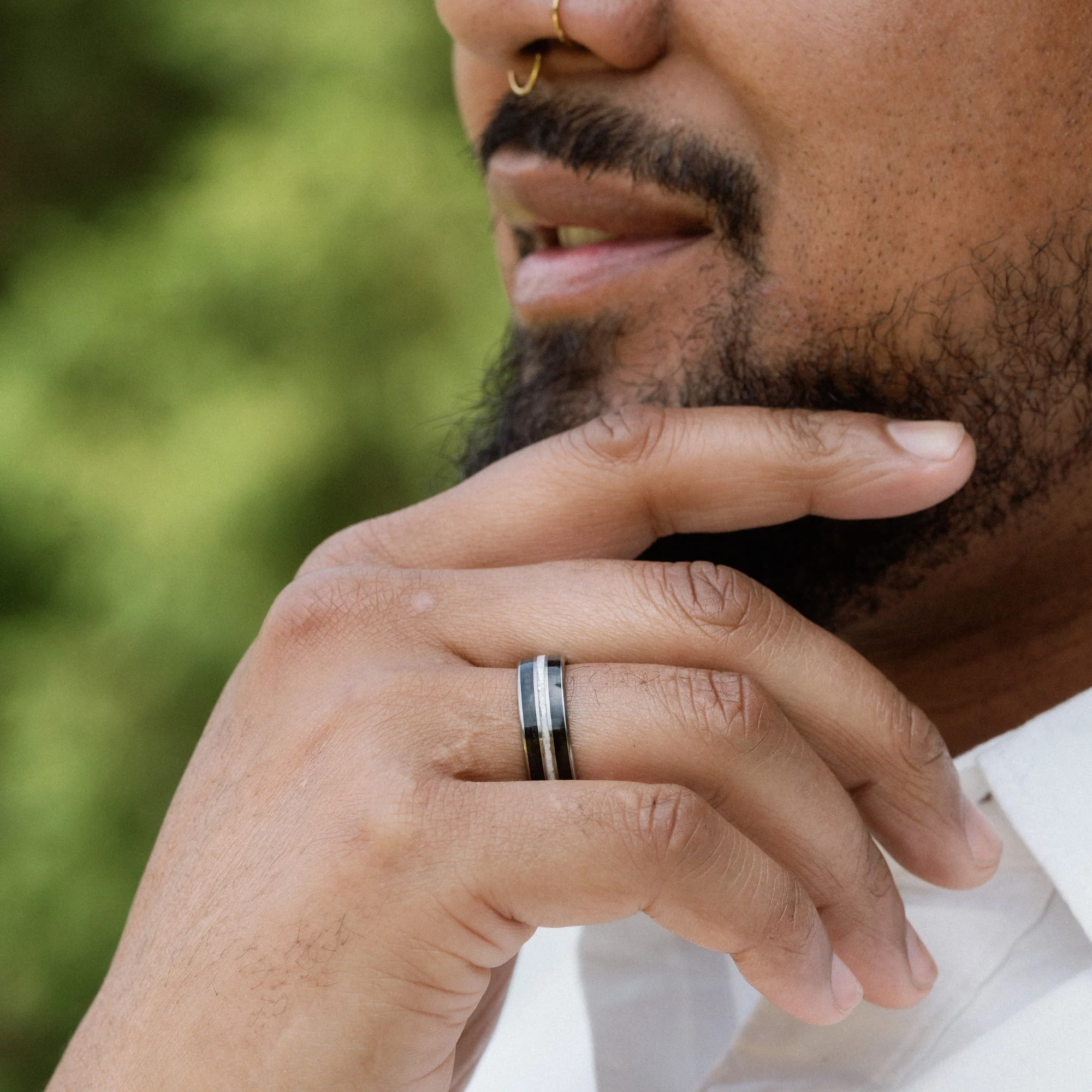 The Black Pearl | Men's Titanium Wedding Band with Whiskey Barrel Wood and Natural Pearl Inlays - Image 5