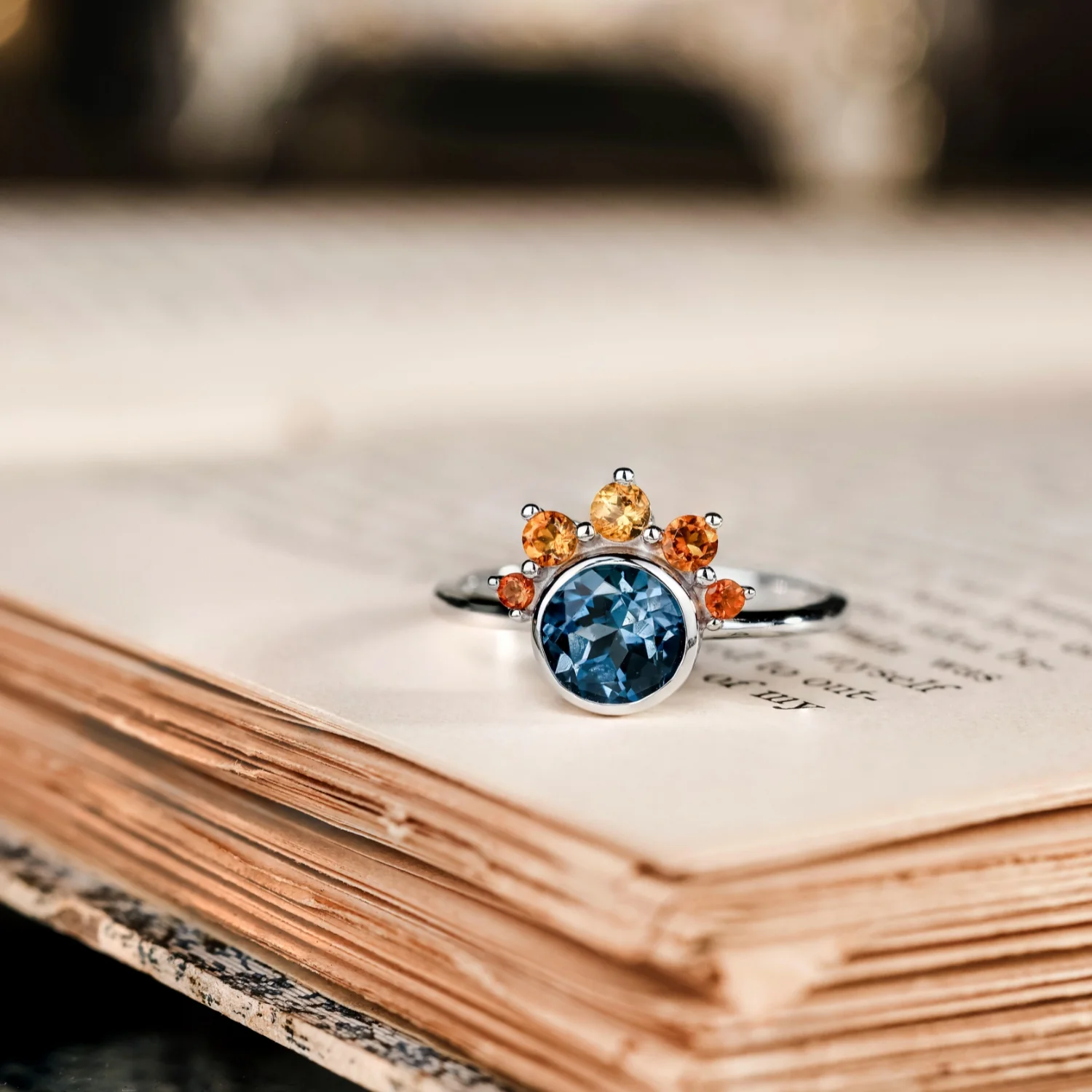 The Cosset - London Blue Topaz Engagement Ring with Citrine Crown Accent & Bezel Setting - Image 14
