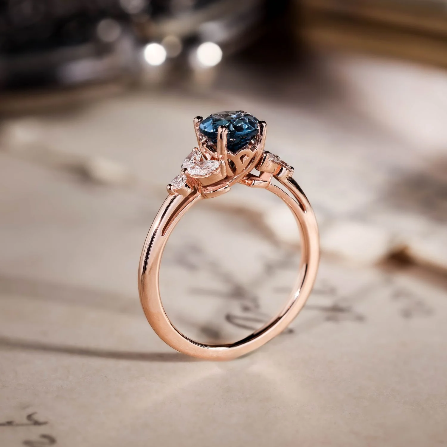 The Laurel - London Blue Topaz Nature Inspired Engagement Ring with Diamond Accent Stones - Image 9