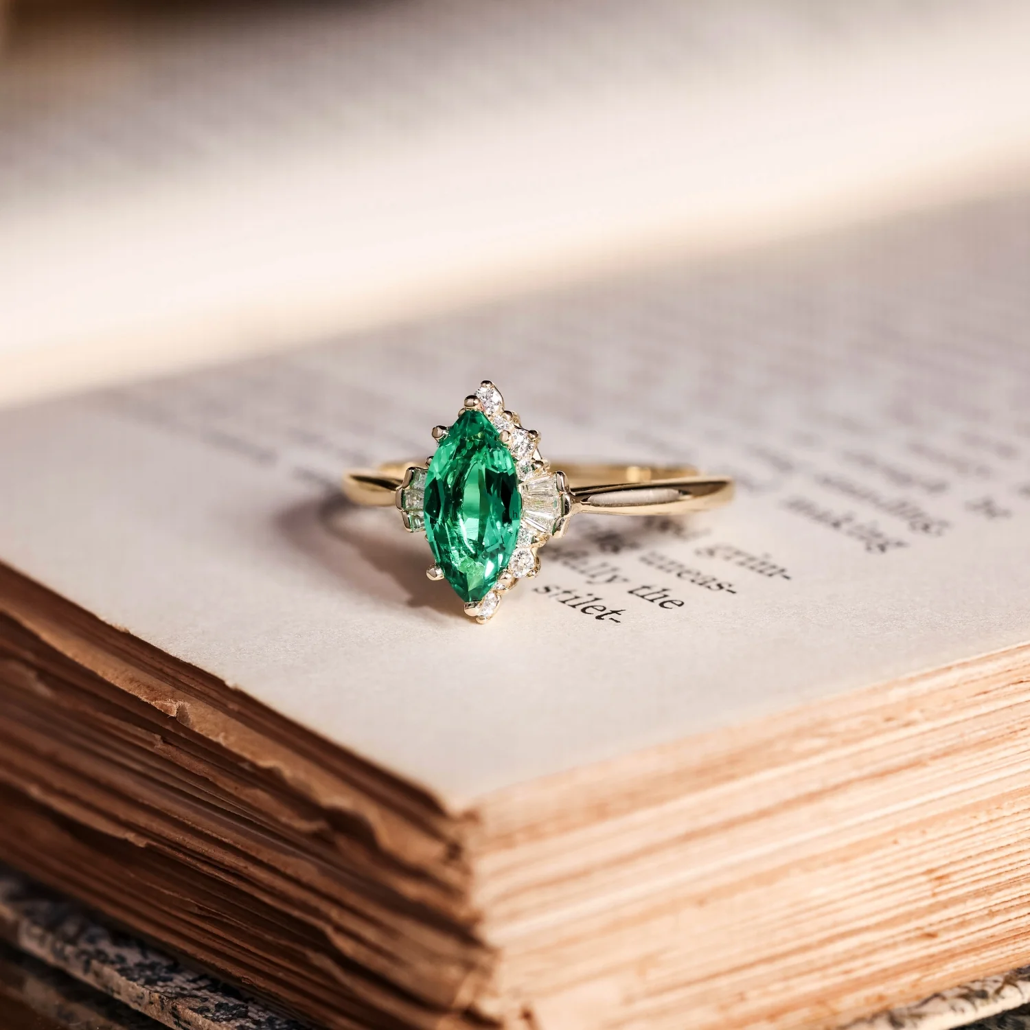 The Verdeline - Green Emerald Marquise Engagement Ring with Natural Diamond Halo - Image 11