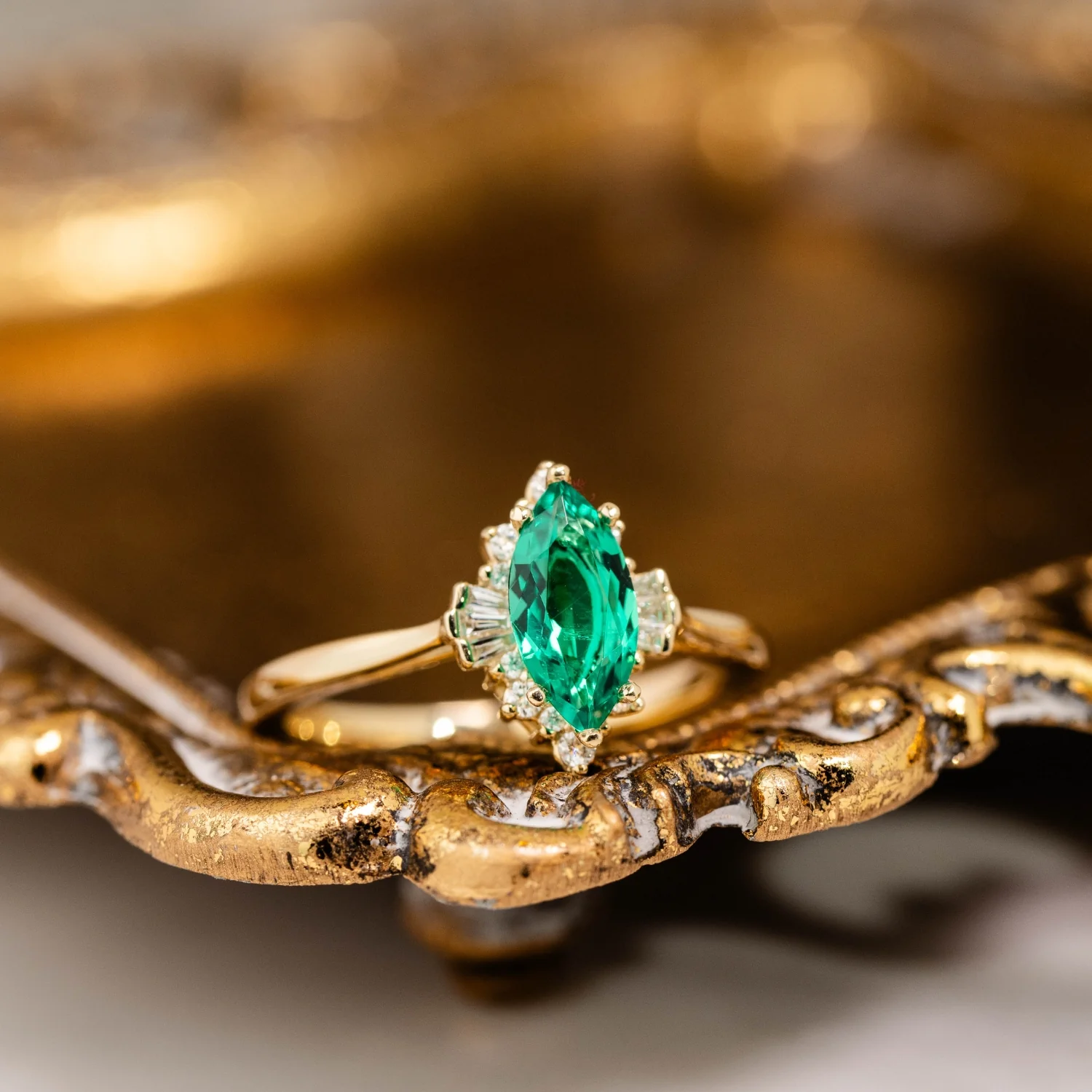 The Verdeline - Green Emerald Marquise Engagement Ring with Natural Diamond Halo - Image 14