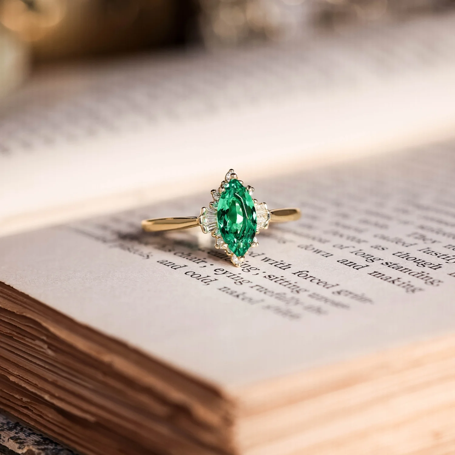 The Verdeline - Green Emerald Marquise Engagement Ring with Natural Diamond Halo - Image 3