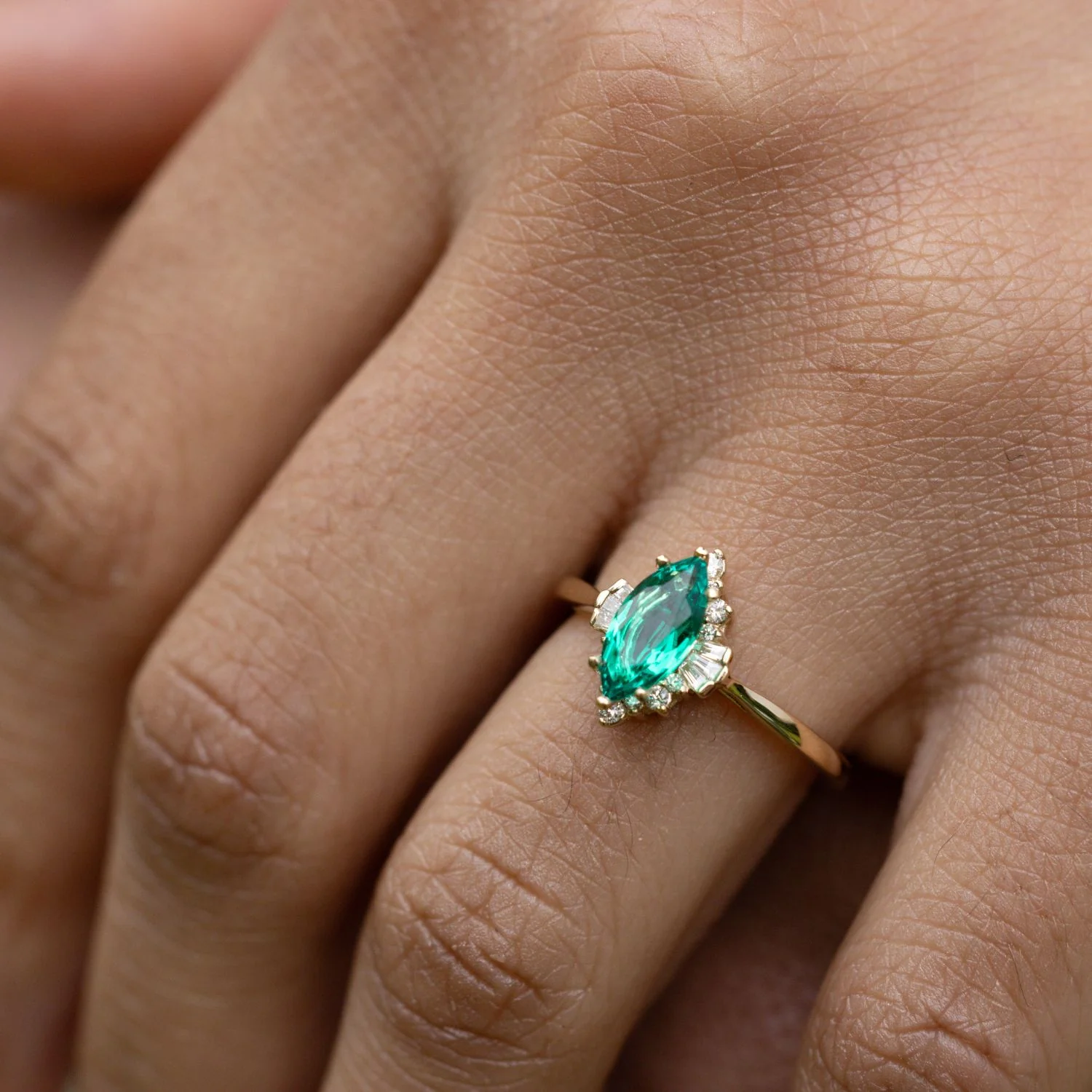 The Verdeline - Green Emerald Marquise Engagement Ring with Natural Diamond Halo - Image 4