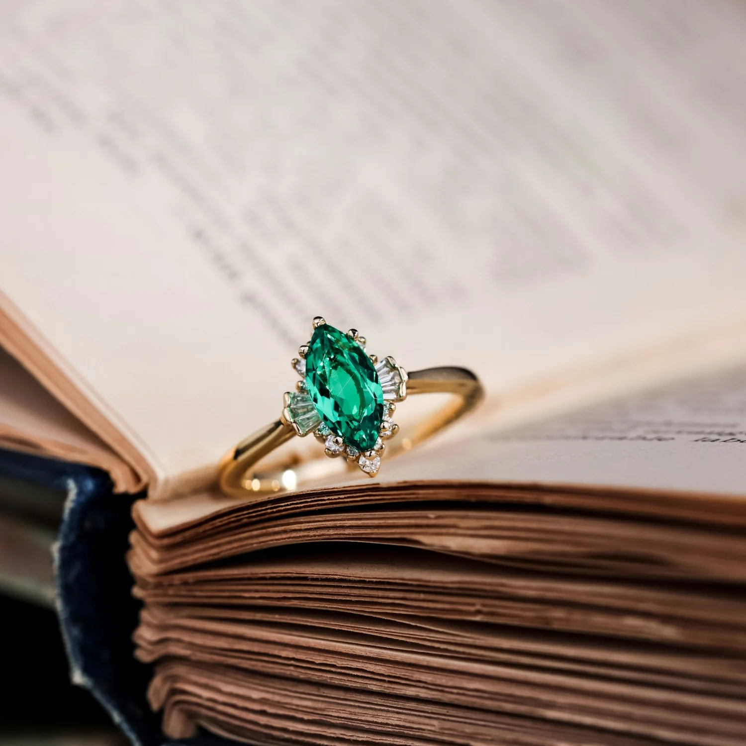 The Verdeline - Green Emerald Marquise Engagement Ring with Natural Diamond Halo - Image 7