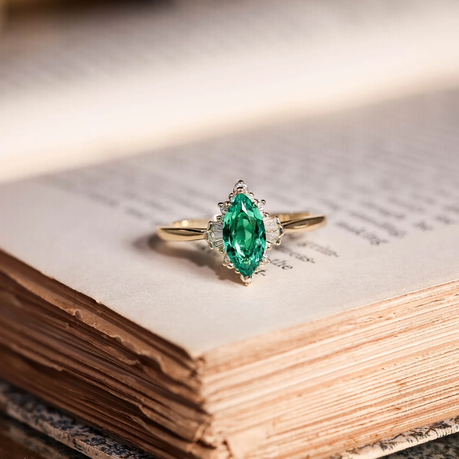 The Verdeline - Green Emerald Marquise Engagement Ring with Natural Diamond Halo - Image 9